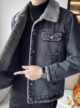 男士干活穿的羊羔毛绒牛仔外套冬季加绒加厚耐磨工作翻领休闲夹克