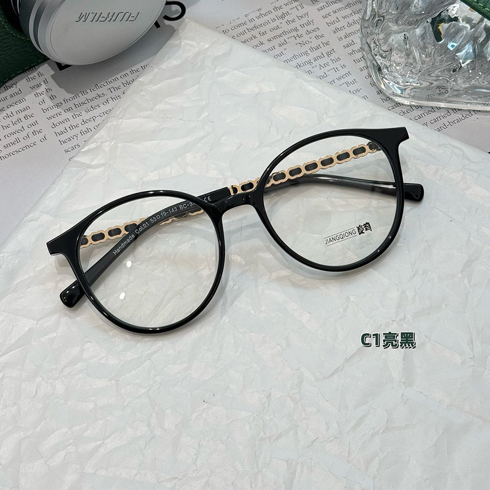 小香风编织镜腿黑色圆框板材防蓝光眼镜架女网红素颜时尚近视可配