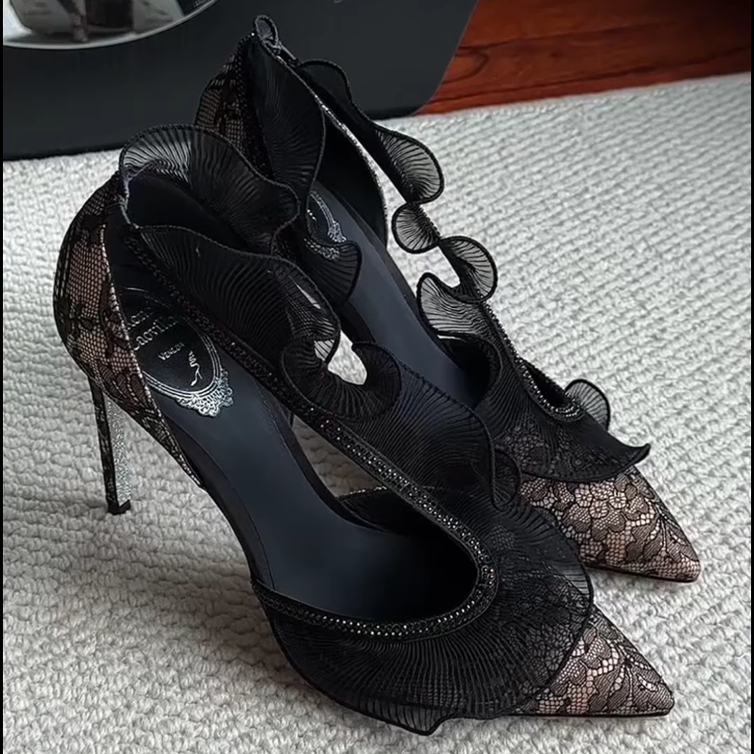【安妮家】绝美蕾丝花边尖头高跟鞋高级黑色气质性感法式高跟凉鞋