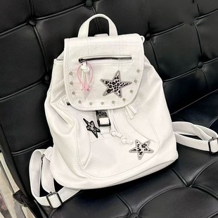原创设计双肩包Y2K千禧铆钉白色背包亚文化豹纹星星书包皮质包包