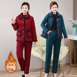 中老年女灯芯绒居家服条绒毛边棉服妈妈冬加绒加厚棉衣棉裤两件套