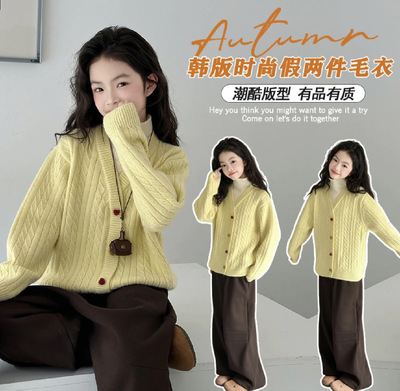 女童秋冬假两件毛衣2025新款中大童韩版洋气半高领开衫加厚针织衫