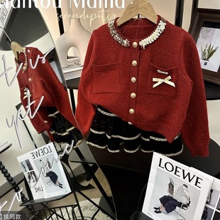 女童毛衣2025新款红色小香风外套中大童韩版洋气年服拜年针织开衫