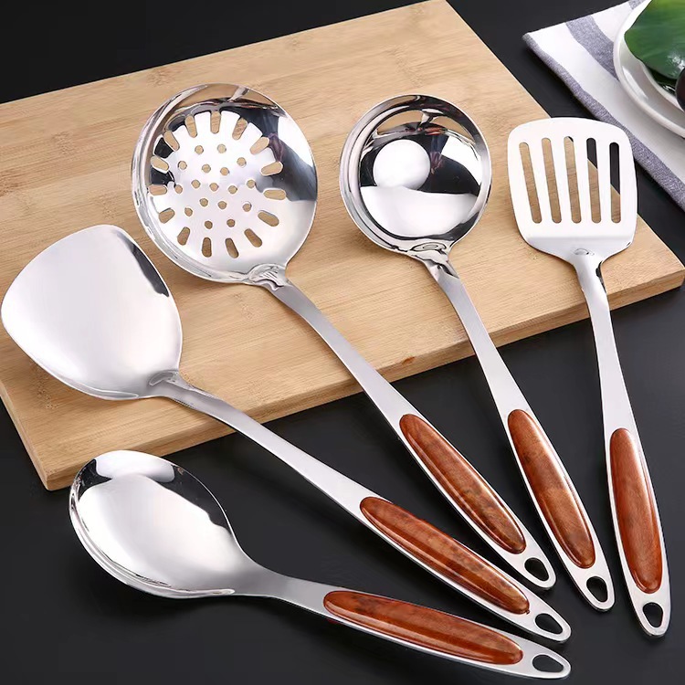 加厚不锈钢锅铲厨具套装家用不锈钢亮光汤勺漏铲五件套金桃木系列