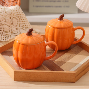 跨境南瓜杯子马克杯带盖高颜值水杯办公室咖啡杯家用早餐杯子