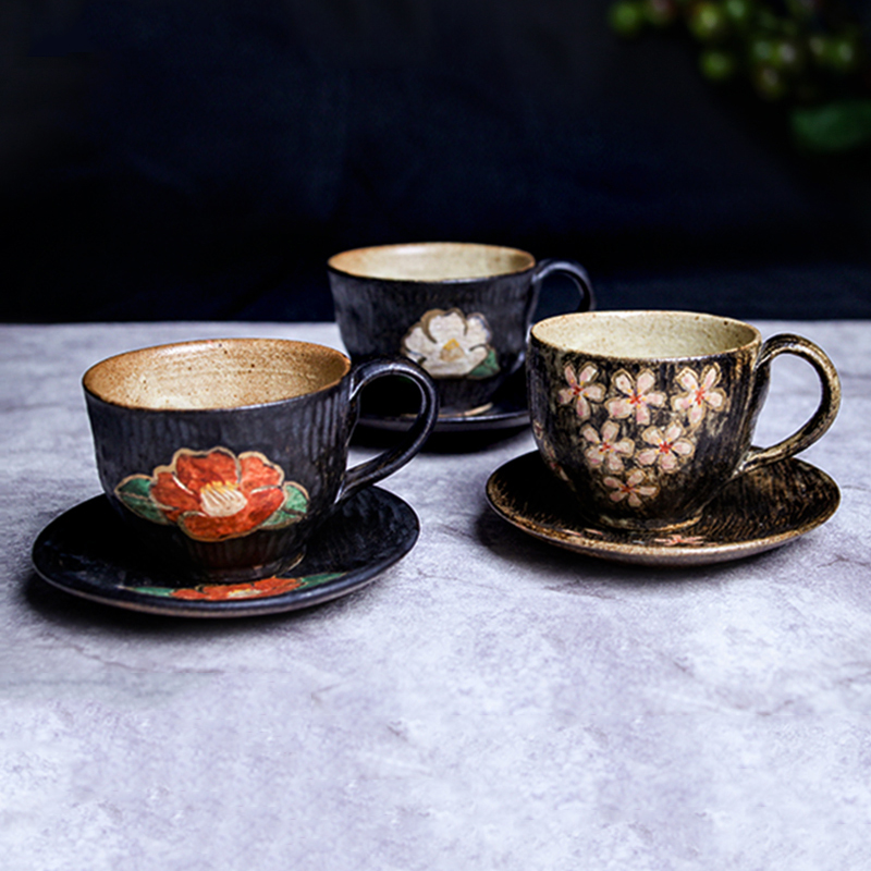 日本进口手工陶制咖啡杯田园风樱花马克杯碟套装创意家用茶水杯