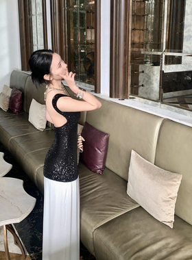 Mas Mash 人鱼之泪 亮片针织露背拼接肩带雪纺优雅长款连衣裙女