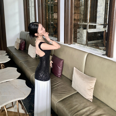 Mas Mash 人鱼之泪 亮片针织露背拼接肩带雪纺优雅长款连衣裙女