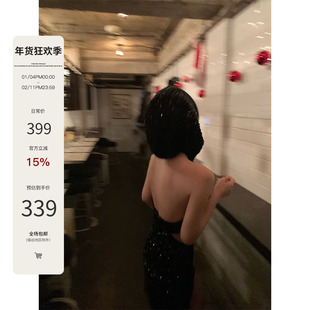 MAS MASH 新款连帽镂空连衣裙女秋冬亮片性感年会裙收腰裙子短裙