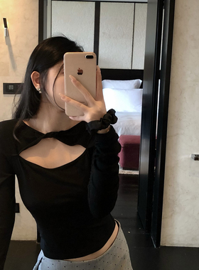 Mas Mash 百利甜酒 黑色镂空圆领扭结设计感打底衫显瘦内搭上衣女