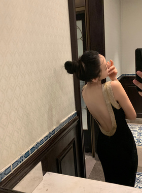 MAS MASH 欧美系大露背针织背心裙气质收腰连衣裙女秋冬新款裙子