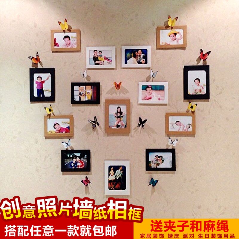 创意卡通挂墙相框韩式照片墙悬挂心形纸相片墙麻绳夹子DIY装饰品