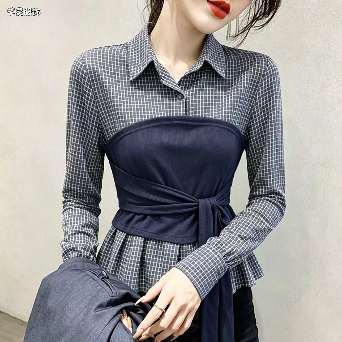 长袖假两件衬衫女士百搭韩系设计衬衫
