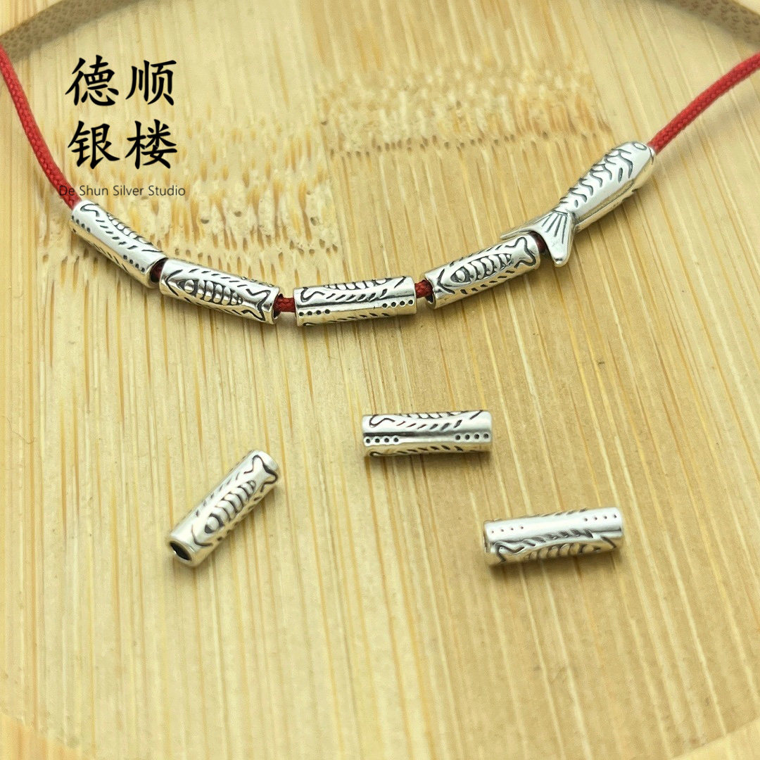 S925纯银复古小鱼鲤鱼竹节鱼隔珠编织手链手绳DIY水晶珍珠手串