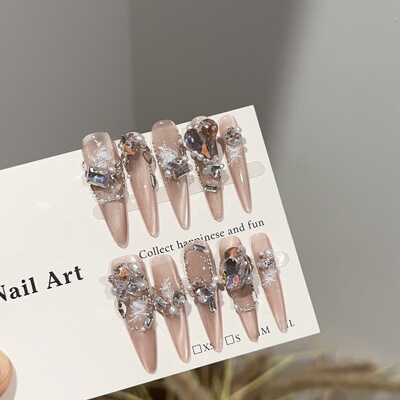 纯手工穿戴甲片高级感粉色猫眼高端长款美甲片堆钻爆闪假指甲贴片