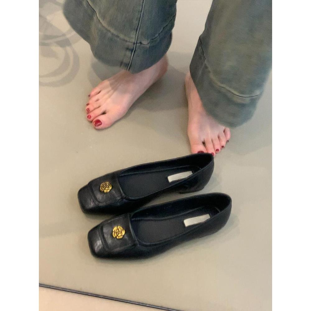 羊皮版~金典山茶花一脚蹬小单鞋女方头复古风真皮百搭平底晚晚鞋