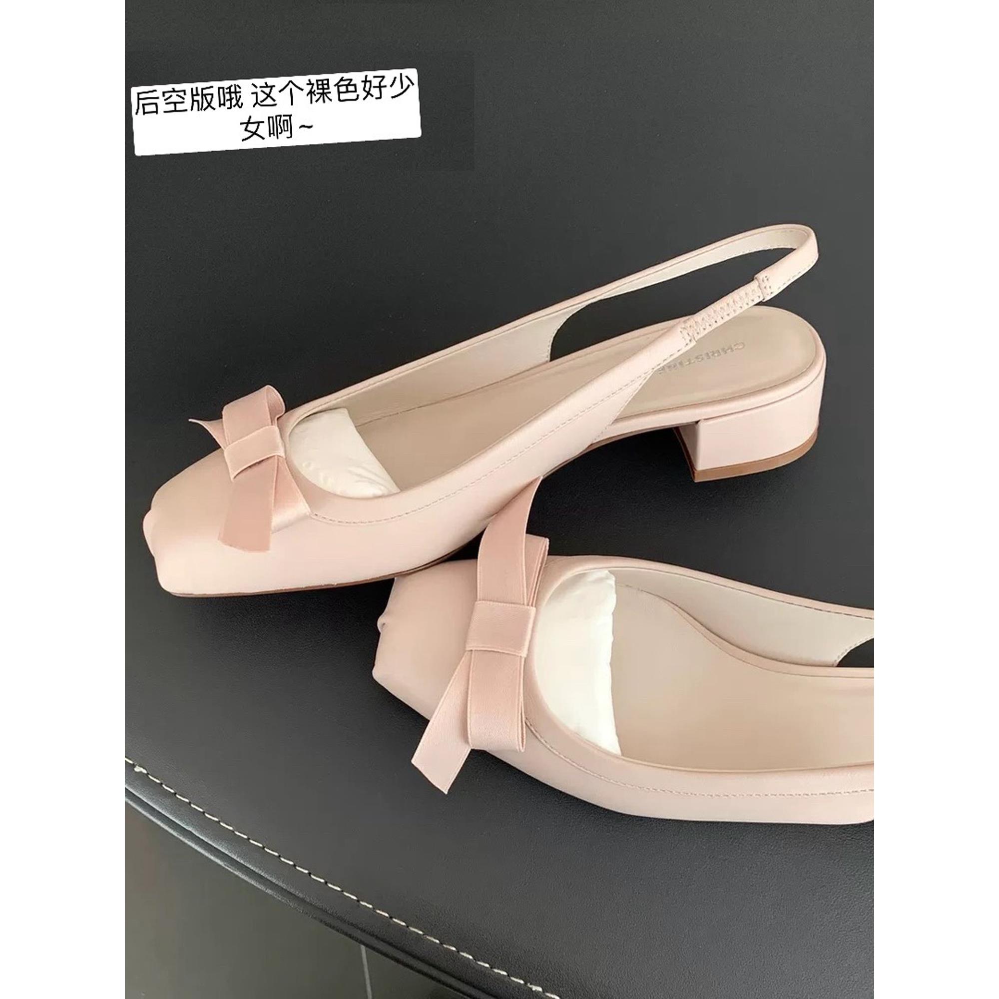 法式气质蝴蝶结粗跟芭蕾单鞋女2026夏季新款时尚名媛真皮包头凉鞋