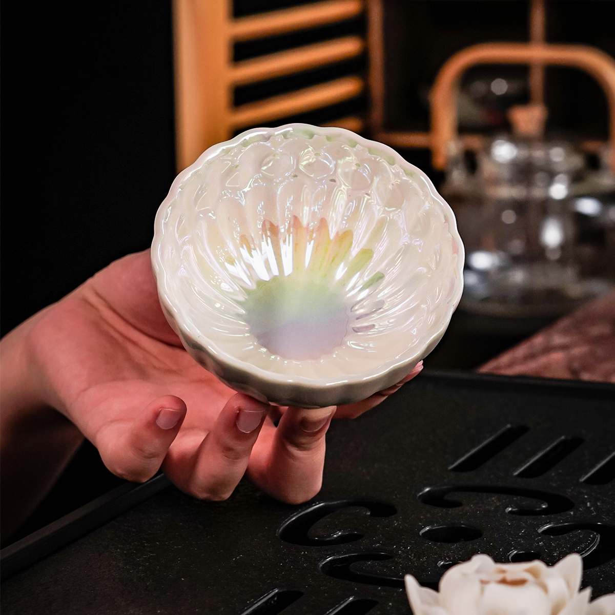 彩贝茶杯主人杯高档个人专用茶盏七彩孔雀杯珍珠白玉杯窑变茶杯