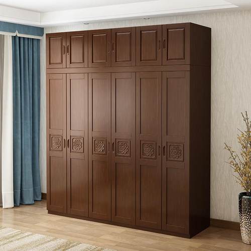 现代简约中式实木衣柜六门整体大衣橱雕花加顶柜加边柜超大衣柜