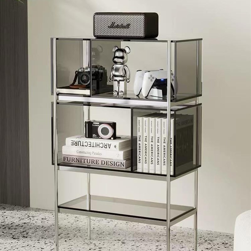 简约展示柜亚克力书架置物架落地收纳玩具手办柜不锈钢多层书柜