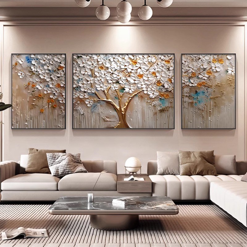 大芬村油画客厅装饰画轻奢现代沙发背景墙挂画发财树抽象三联壁画图片