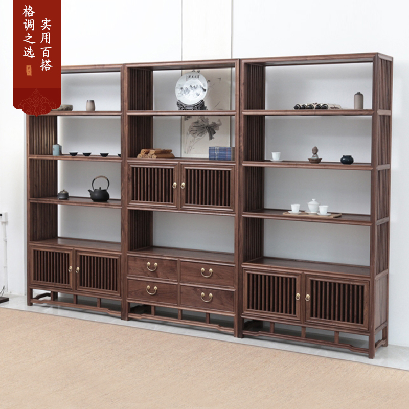 老榆木博古架茶桌置物架边柜茶桌架子置物架新中式茶桌博古架组合