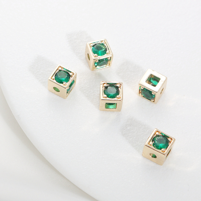 14K保色镀金镶嵌锆石9mm立体正方形隔珠手链项链串珠diy饰品配件