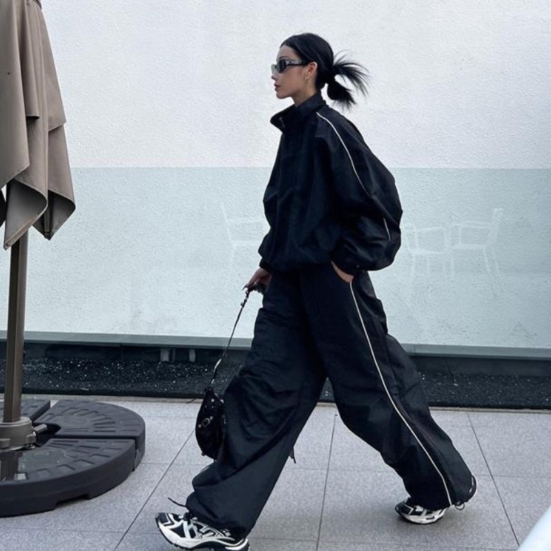 跨境黑色运动套装女秋季长袖宽松夹克阔腿裤酷感休闲风机能风,男装,休闲运动套装,淘宝优惠券,粉丝福利购,淘宝优惠卷