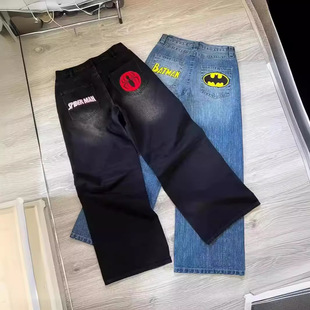 美式原宿复古蝙蝠图案刺绣宽松牛仔裤男子街头Y2K裤子懒散牛仔裤