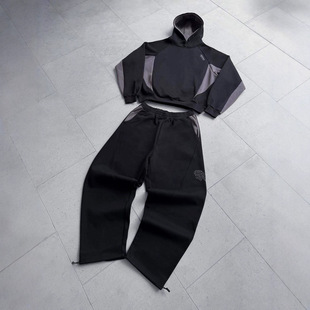 跨境美式Y2K街头连帽卫衣套装男女宽松运动服黑色休闲两件套