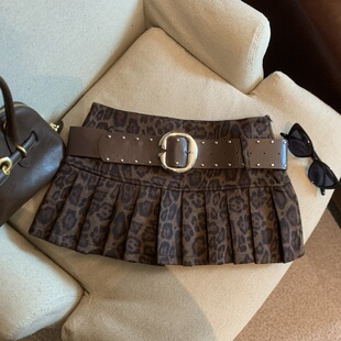 美式辣妹风豹纹百褶半身裙女配腰带短裙时尚个性豹纹短裙
