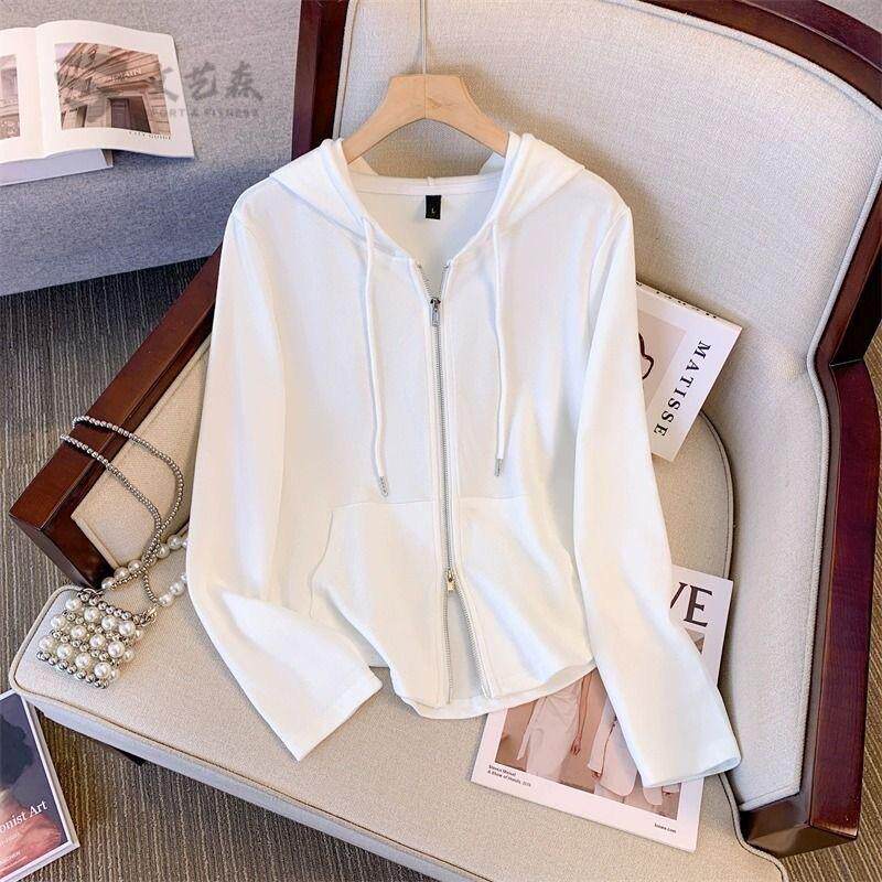 纯棉连帽长袖卫衣女短款2025早秋新款设计感小众拉链开衫大码上衣