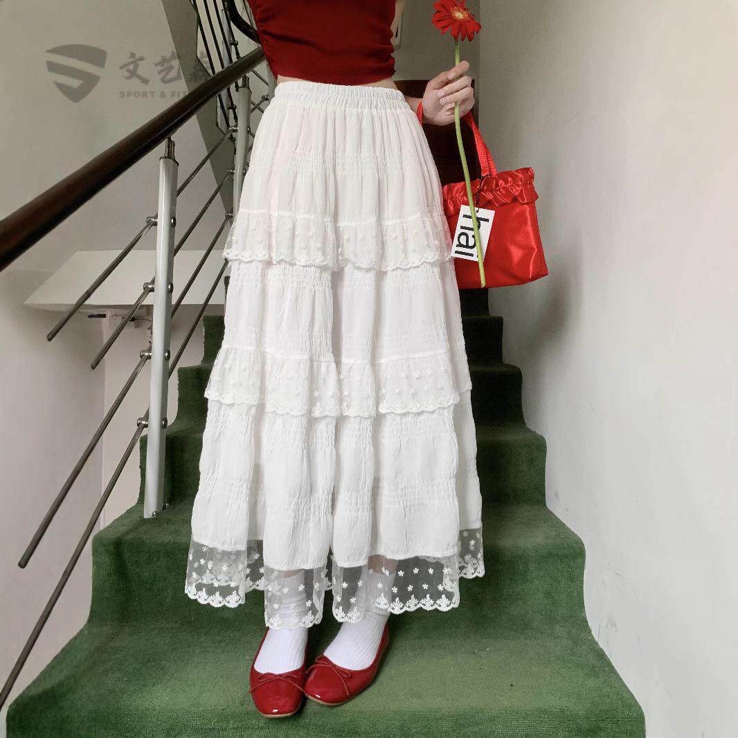 白色设计感蕾丝花边蛋糕裙半身裙女夏季高腰法式长裙大摆裙A字裙