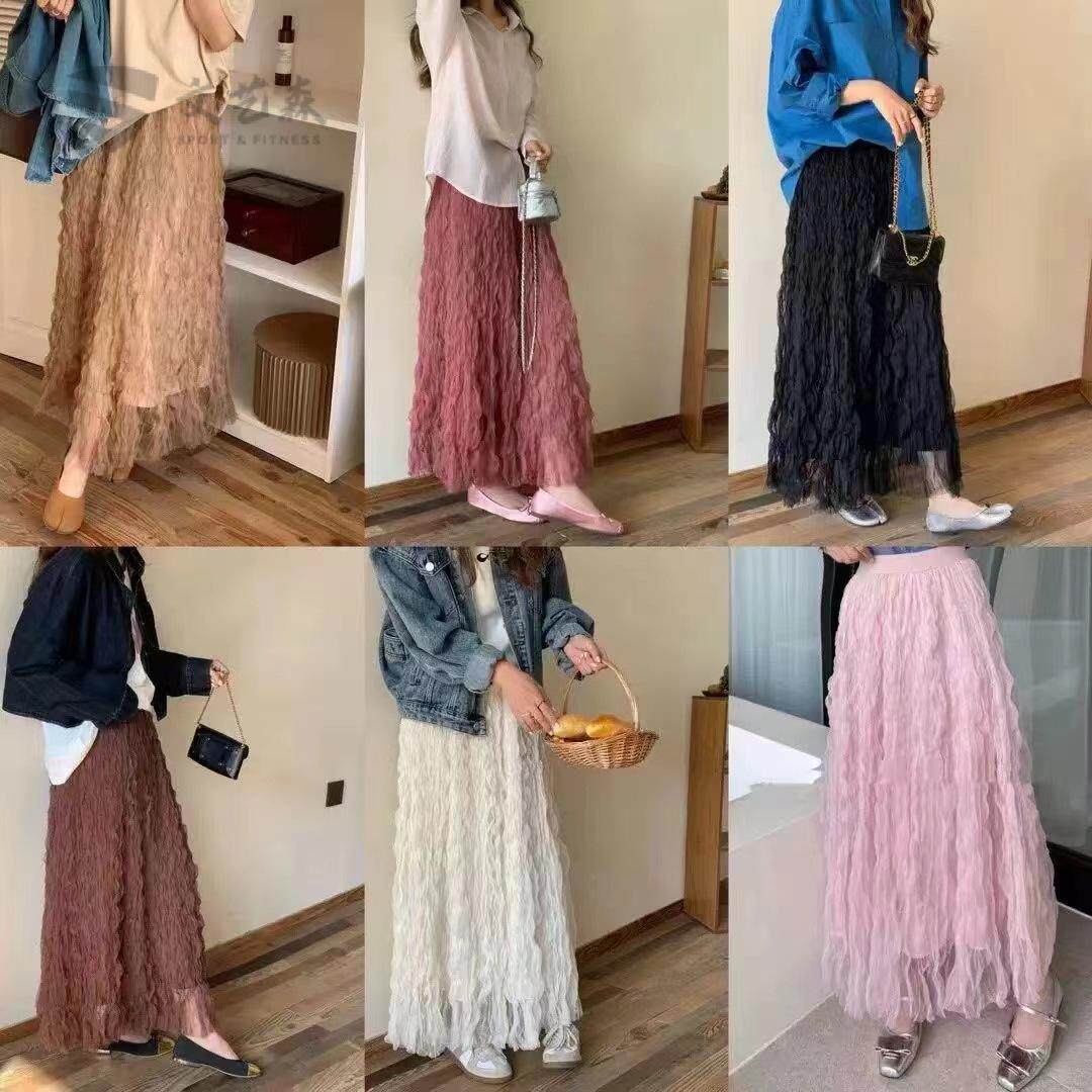 波浪卷压褶网纱裙百褶半身裙女中长款褶皱白色仙女a字纱裙森系