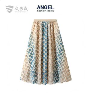 重工刺绣花朵网纱裙2025春款长款伞裙a字半身裙蓬蓬伞裙1855