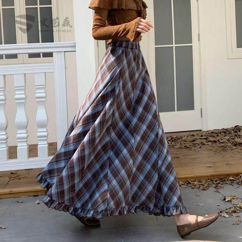 复古格子中长款半身裙女秋冬季新款松紧腰木耳边大摆遮胯a字伞裙