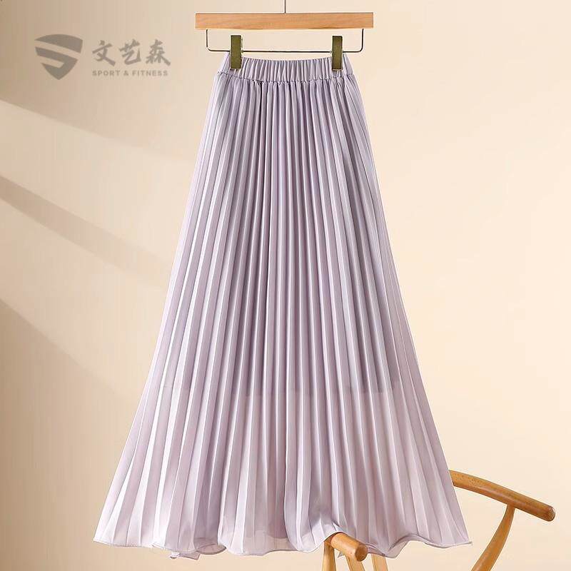 夏季气质高腰松紧腰垂感显瘦雪纺百褶半身裙女度假长裙中长款裙子