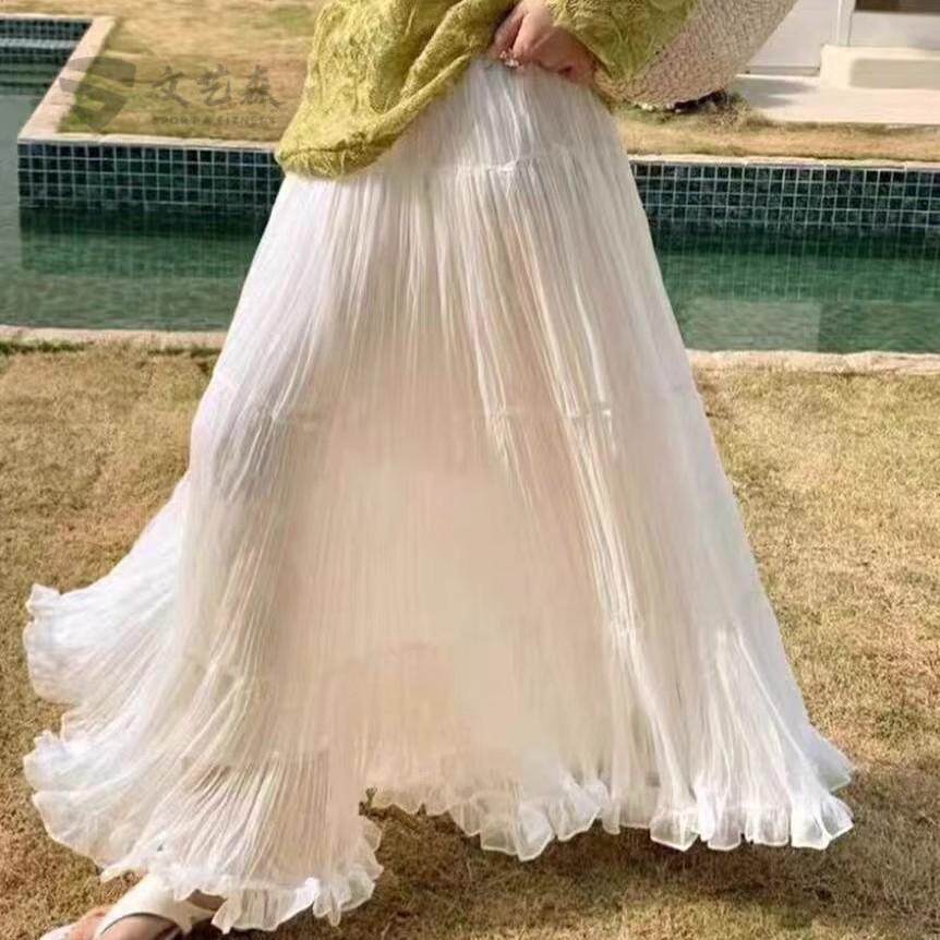 琉璃纱春夏中长款大摆伞裙高腰网纱法式A字褶皱温柔百褶半身裙