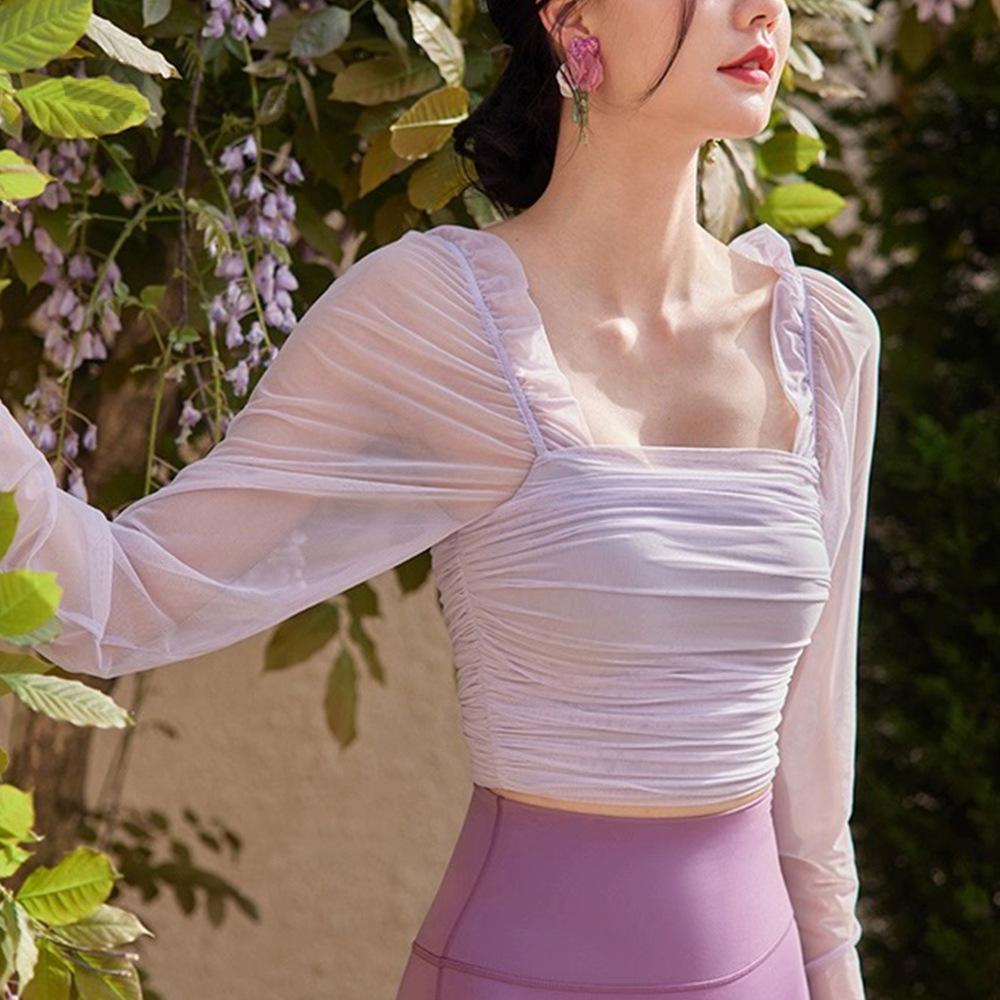 春上新长袖网纱瑜伽服女带胸垫
