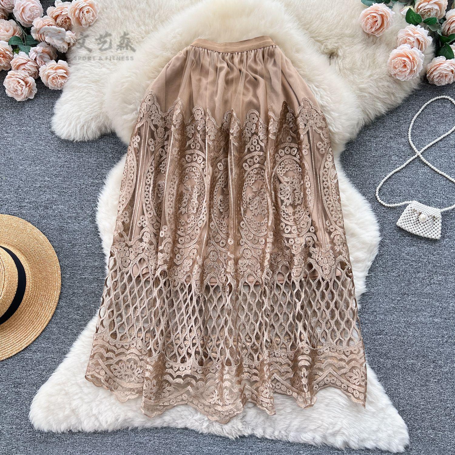 蕾丝钩花拼接网纱半身裙女装精致气质百搭裙子高腰中长裙