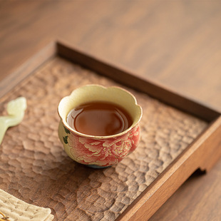 跨境国色牡丹青花火石红茶杯主人杯品茗杯陶瓷茶具精致花口功夫茶