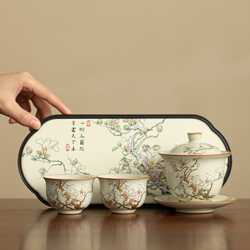 景德镇国风玉兰花盖碗茶具陶瓷