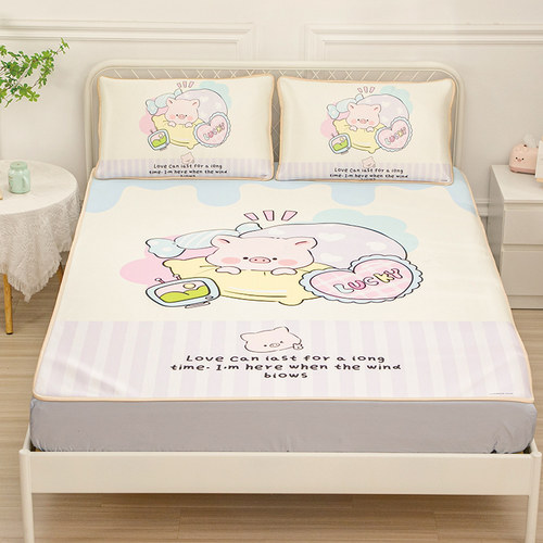 卡通可爱小猪可水洗机洗冰丝席三件套夏季单双人席子宿舍儿童凉席