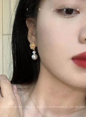 ithree/立体玫瑰珍珠耳钉女轻奢贵气感优雅小众气质日韩纯银耳饰