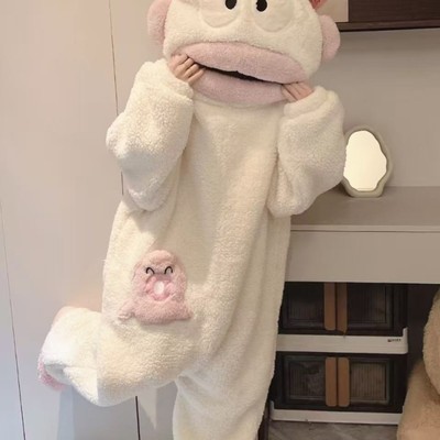 丑鱼睡衣女秋冬季珊瑚绒情侣连体卡通搞怪睡袍男款加厚加大码睡裙