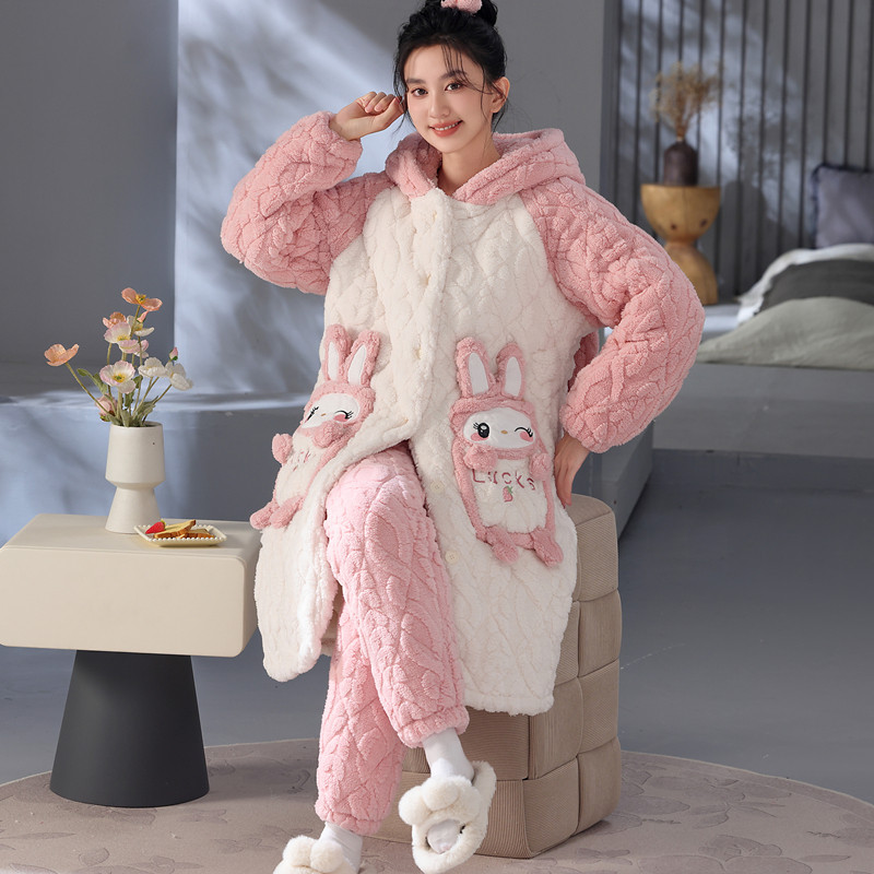 粉色睡袍女秋冬款三层加厚珊瑚绒夹棉睡衣可外穿加长款家居服套装