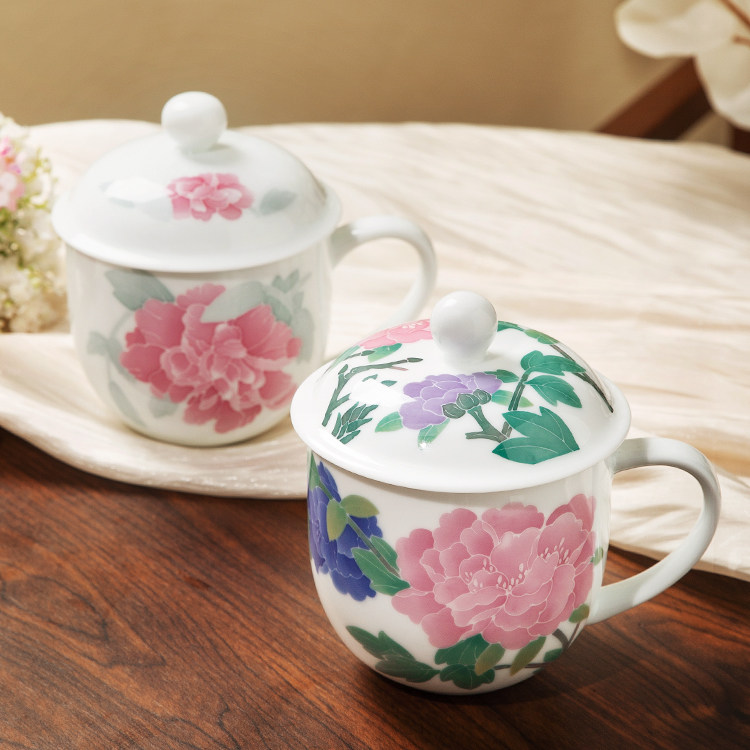 红官窑醴陵釉下彩茶具手绘女士水杯个人杯陶瓷茶杯带盖送礼贵妃杯