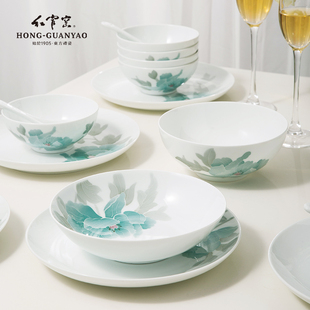 国瓷红官窑餐具饭碗面碗菜碗汤碗盘子釉下彩手绘醴陵瓷器月满花香