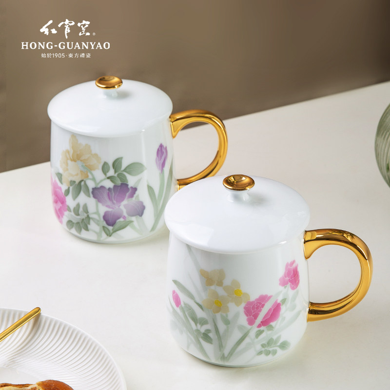 红官窑醴陵釉下彩茶具陶瓷茶杯马克杯女士带盖水杯咖啡杯心花怒放