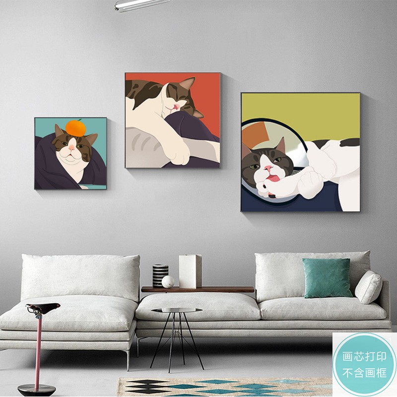 现代简约日系可爱猫咪卡通儿童房餐厅酒店北欧小众装饰画芯打印画图片